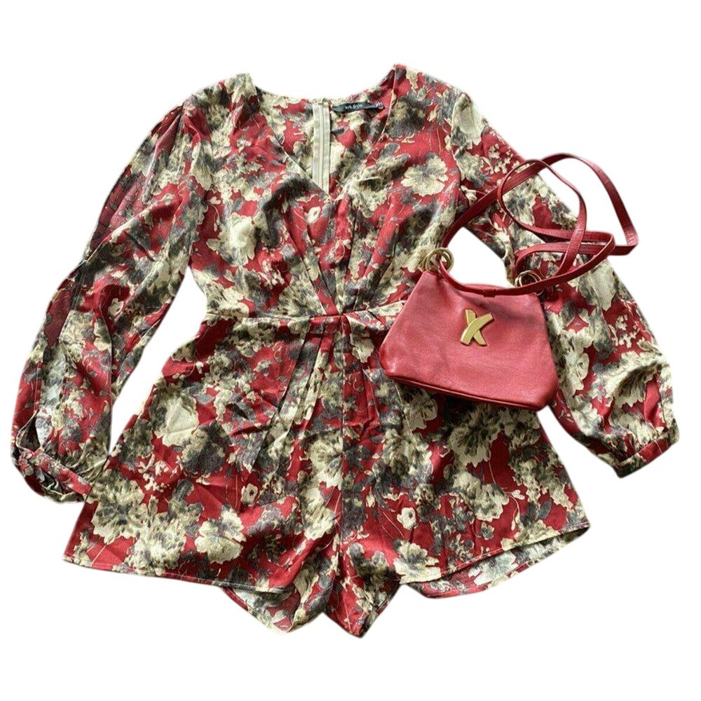 Ark & Co ivory Burgundy Floral Jumpsuit Long Sleeve Wrap Front Size Mediun boho - Picture 2 of 12